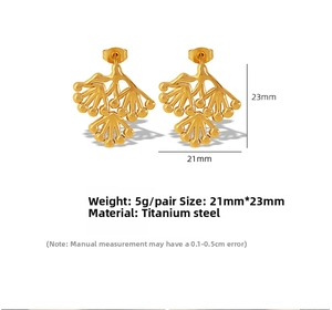 Detailed view of titanium steel gold pine branch earrings with weight and size specifications