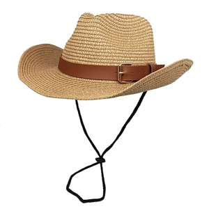 Western Cowboyhut Strohgeflecht Breite Krempe Sonnenschutz Verstellbarer Kinnriemen Kunstlederband Für Sommer Strand Outdoor