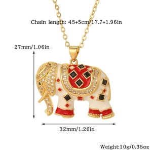 Detailed size chart for elephant pendant necklace with white enamel and red saddle