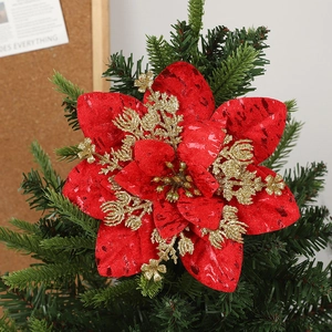 Glittery red and gold artificial poinsettia flower ornament for Christmas tree decor