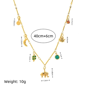 18K gold plated stainless steel necklace with elephant, clover and moon charm pendants