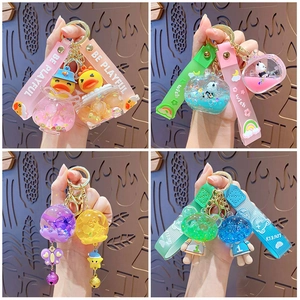 Cartoon Liquid Quicksand Keychain Acrylic Oil Infused Bag Pendant Flowing Glitter PVC Strap Key Ring Accessory Cute Gift
