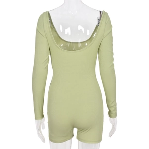 Back view of grass green long sleeve ribbed romper with sexy open back detail on white background