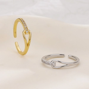Minimalist knot design open rings in gold and silver finish with sparkling zircon accents