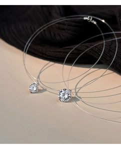 Detailed macro view of S925 sterling silver solitaire moissanite pendant on invisible fish line