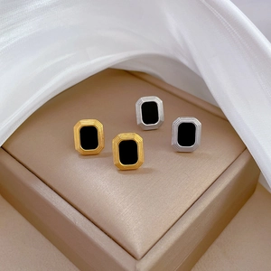 Minimalist square titanium steel earrings in gold and silver finish with black inlay