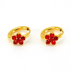 Elegant gold flower hoop earrings with sparkling red cubic zirconia for women