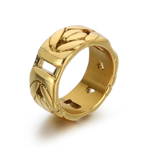 Golden V-shaped hollow stainless steel ring with brushed texture for men and women