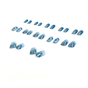 Blue marble press-on nails with gold foil accents and wavy pattern 24pcs set