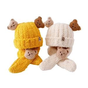 Winter plush bear ear hat and scarf set for toddlers in yellow and cream fleece