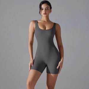 Close-up of dark grey high-elastic yoga bodysuit with a seamless V-waist and slim fit