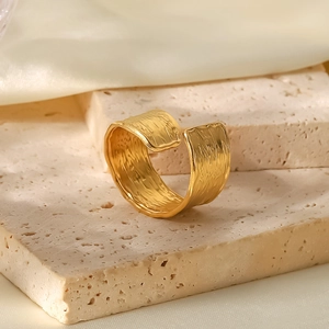 18K gold-plated stainless steel wide open ring with unique bark texture on stone base