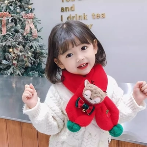 Cute kids Christmas red fleece scarf with plush reindeer doll and bell decoration