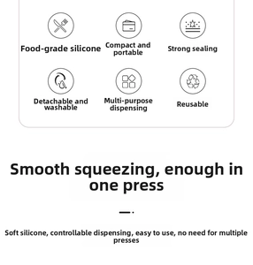 Detail view showing icons for food grade silicone and portable travel bottle features