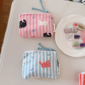 Retro cat pattern cotton coin pouches with pink and blue stripes and zipper closure