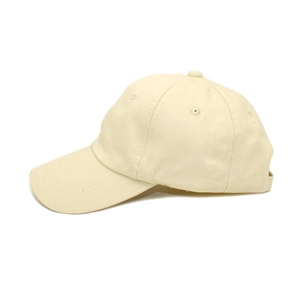 Close-up of beige cotton twill baseball cap with six-panel design and adjustable strap