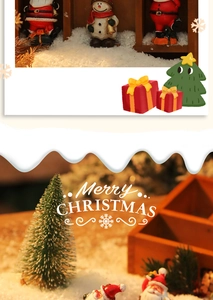 Miniature Christmas scene with Santa and snowman figures on a festive wooden stand