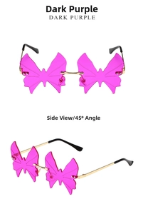 Detailed side view of purple rimless butterfly sunglasses with sleek golden metal frame