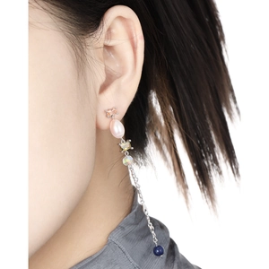 Elegant S925 silver fringe earrings with pink baroque pearls and colored crystals