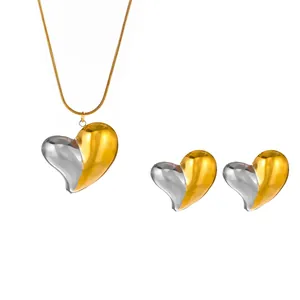 Heart Necklace And Earrings Stainless Steel Jewelry For Women 18K Gold Plated Two Tone Fluid Design Elegant Accessories
