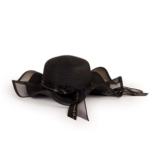 Detailed close-up of a black straw sun hat featuring a ribbon with gold love you lettering