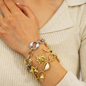 Stainless Steel Bracelet 18K Gold Plated Shell Starfish Star Moon Sun Celestial Pendants Ins Style For Women