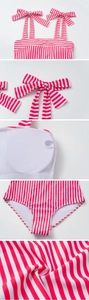 Detail of red and white striped swimsuit with bow shoulder straps and removable chest pads