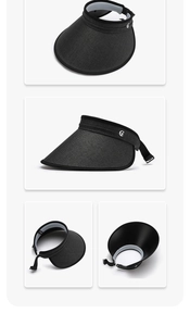 Detail of black sun visor with G-logo metal plaque and adjustable elastic back strap