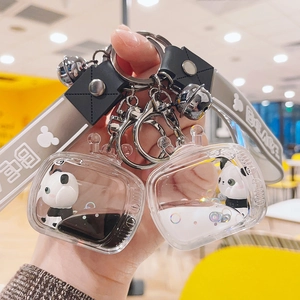 Close-up of panda liquid keychain featuring two TV-shaped acrylic pendants with glitter