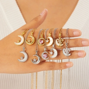 Collier Pendentif En Acier Inoxydable Et Cuivre Avec Lune Étoile Cœur Fée Zircone Coquillage Bijoux Pour Femmes