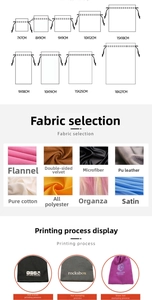 Detailed chart of microfiber drawstring pouch sizes, materials, and printing options