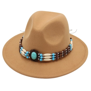 Ethnic wide brim fedora hat in camel wool felt with turquoise bead band decoration