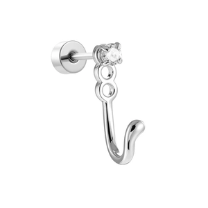 Polished silver titanium steel cat tail ear stud with sparkling crystal gemstone