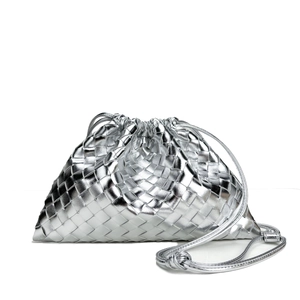 Elegant silver woven leather bucket bag with metallic finish and drawstring closure