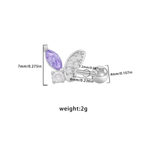 Detail of purple butterfly zircon stud with 1.2mm needle size and 7mm height dimensions