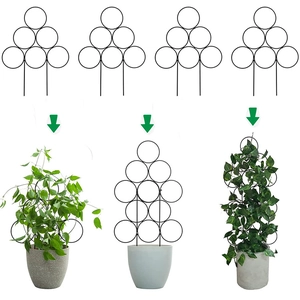 Modular black metal garden trellis with circular design for climbing potted plants