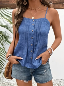 Blue square neck sleeveless camisole top with decorative buttons and pleats for summer