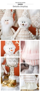 Detailed macro view of plush Santa and Snowman dolls with gold glitter and soft knit texture