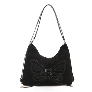 Retro black suede tote bag with butterfly decoration and golden hardware for women