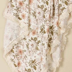 Floral print cotton baby blanket with fringe edges and sunflower patterns for strollers