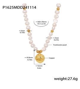 Detail showing freshwater pearl necklace dimensions 360+70mm and weight 27.6g