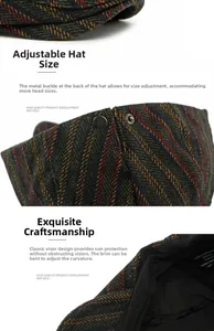 Detail view of adjustable metal buckle and wool blend plaid fabric of the beret cap