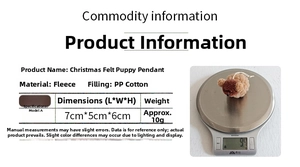 Detailed size and 10g weight specifications for the brown plush Christmas dog ornament