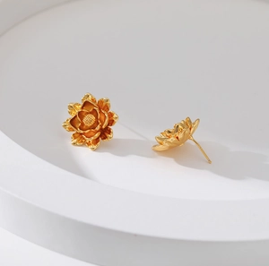 Vintage 18K gold plated brass camellia flower earrings for women on white background