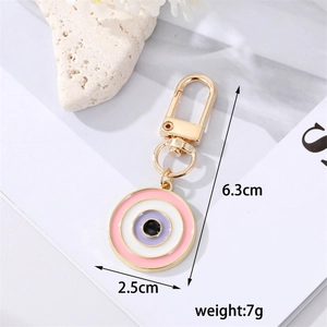 Size details of the gold alloy evil eye keychain with pink and purple enamel pendant