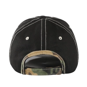 Detail of back view black baseball cap with camouflage strap and contrast white stitching