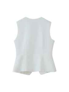 Back view of a white sleeveless peplum top with waist-defining cut and smooth fabric