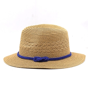 Classic straw panama hat with wide brim and elegant blue rope ribbon for sun protection