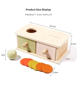 Detailed size view of wooden Montessori object permanence box with drawers and accessories