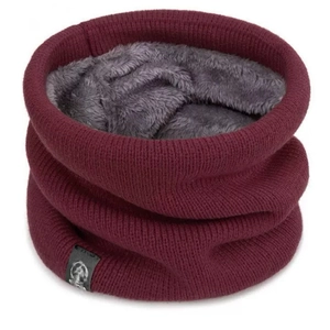Unisex dark red knitted neck warmer with thick gray fleece lining for winter warmth
